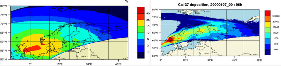 Map with probability of arrival of radioactive cloud to a given location from a hypothetical accident in the Sellafield nuclear facilities (on the left) and deposition map for Cs-137 from the worst case scenario for hypothetical accident. Units: Bq m-2 (o